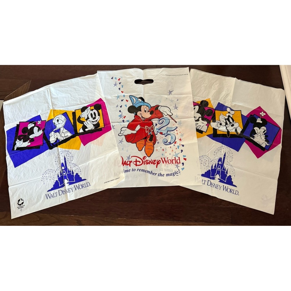 Vintage Plastic Walt Disney World Plastic Souvenir‎ Bags Lot Of 3